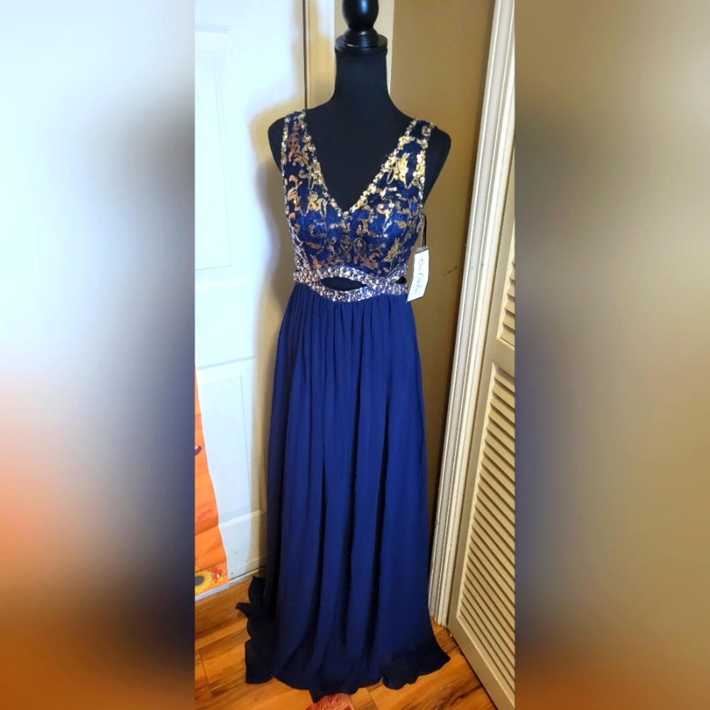 Bee Darling Elegant Navy Blue & Gold Evening Gown/Prom Dress, Junior Size 5/6.